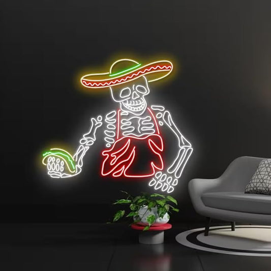 Mexican Skeleton Taco Led Sign, Mexican Skeleton Tacos Neon Sign, Wall Decor, Skeleton Taco Led Light, Father's day gift, Mexican Skull Taco Size:23inches