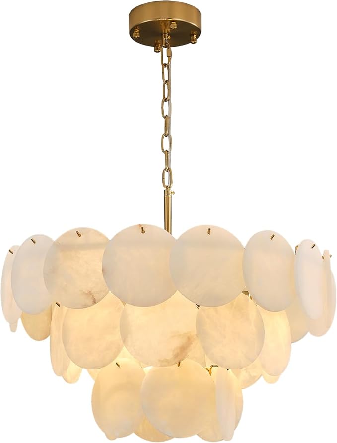 Alabaster Round Chandelier, 26" Natural Spanish Marble Stone Texture Chandeliers, 9-Light Dimmable Alabaster Chandelier, Modern Luxury Lighting for Living Room, Bedroom, Hallway