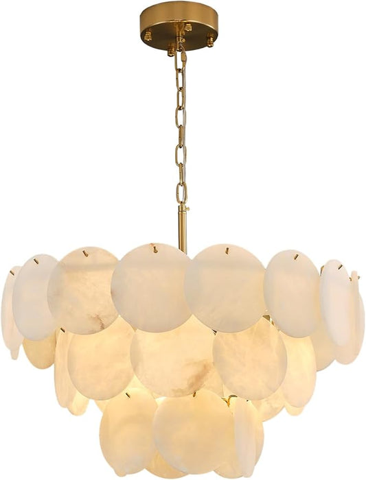 Alabaster Round Chandelier, 26" Natural Spanish Marble Stone Texture Chandeliers, 9-Light Dimmable Alabaster Chandelier, Modern Luxury Lighting for Living Room, Bedroom, Hallway