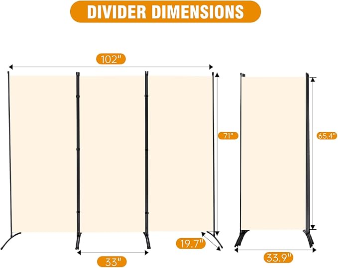 3 Panel Folding Privacy Screens, 6 FT Tall Wall Divider with Metal Frame, Freestanding Room Divider for Office Bedroom Study (3 Panel, Beige)