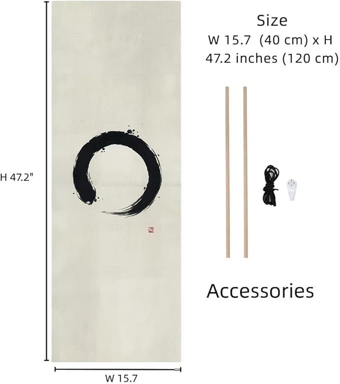 Japanese Tapestry Wall Art Scroll - Feng Shui & Lucky Symbols | W15.7xH47.2", Extra Long Vertical Hanging Decor for Bedroom, Living Room, Office | Zen Design (Enso-Circle) CTT-134