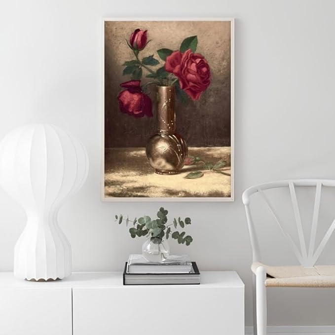 Nationcog Vintage Rose Wall Art Print - Red Roses in Vase Floral Artwork - Classic Still Life Flower Painting for Living Room, Bedroom, Cafe, Home Wall Decoration (Unframed) (16x24)