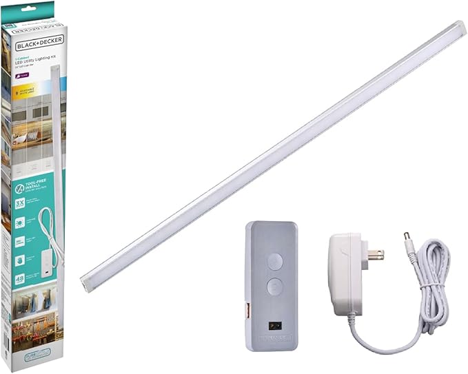 BLACK+DECKER LED Under Cabinet Light Kit, Motion Sensor, Dimmable, Linkable, 3 Color Settings, Tool-Free, Utility Light, Closets, Garage, Pantry, (1) 24" Bars