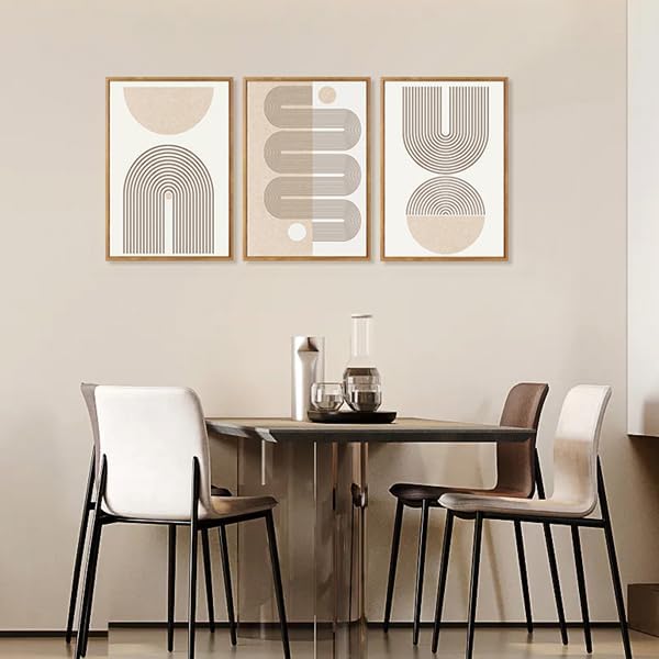 CHDITB Framed Boho Wall Art Set of 3, 24"x36" Beige Mid Century Modern Wall Decor, Abstract Geometric Line Wall Painting, Large Neutral Bohemian Canvas Art Print for Living Room, Bedroom, Office