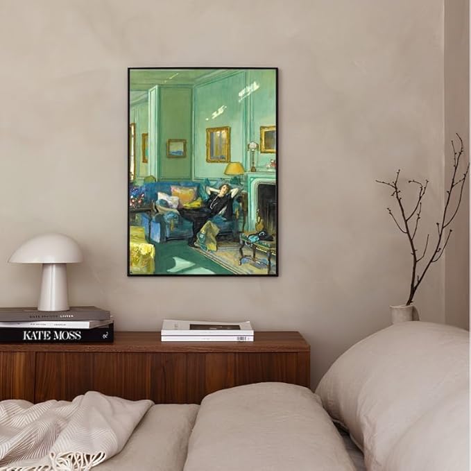 Nationcog Vintage Woman Relaxing in Living Room Wall Art, Elegant Interior Scene Painting Print, Cozy Green Room Aesthetic Poster, Classic Home Decor for Living Room or Study (Unframed) (27x40)