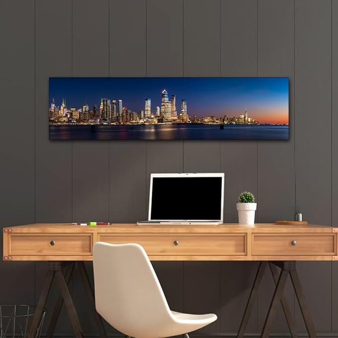 Black and White Wall Art View Across Hudson River of Skyscrapers of New York City Pictures Cityscape Paintings Canvas Artwork Urban Buildings Posters Prints Modern Decor Ready to Hang 12x46 Inch