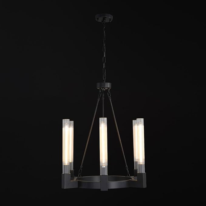 Black Farmhouse Wagon Wheel Chandelier with Glass Tube, 23.6 Inch Large Round 6-Light Luxurious Chandelier Fixture Ceiling Pendant Lighting for Living Room, Dining Room, Bedroom, Foyer