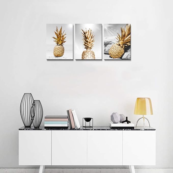 Canvas Wall Art For Bar Kitchen Living Room Office Bathroom Home Decoration Board Black And White Beach Scenery Golden Pineapple Pictures Artwork Restaurant Wall Decor Ready To Hang 12x16inch 3 Piece
