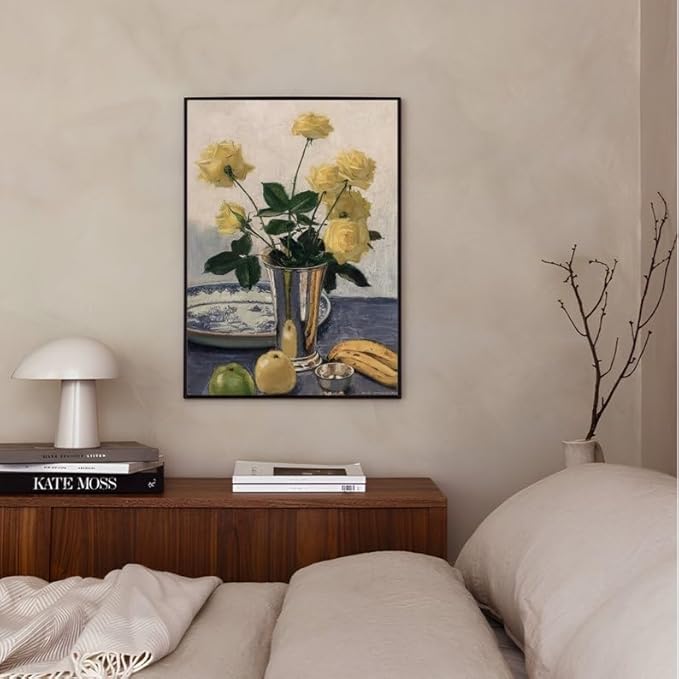 Nationcog Yellow Rose Still Life Wall Art Print - Vintage Floral and Fruit Painting in Vase - Classic Botanical Artwork for Kitchen, Dining Room, Living Room or Gallery Decor (Unframed) (24x36)