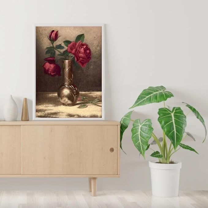 Nationcog Vintage Rose Wall Art Print - Red Roses in Vase Floral Artwork - Classic Still Life Flower Painting for Living Room, Bedroom, Cafe, Home Wall Decoration (Unframed) (20x30)