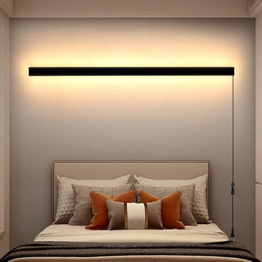 Modern Plug in Long Wall Sconce, 39" Black Matte LED Wall Lights, 20W Warm White 3000K Acrylic Indoor Wall lamp, with 59" Plug Cable for Bedroom, Living Room, Hallway