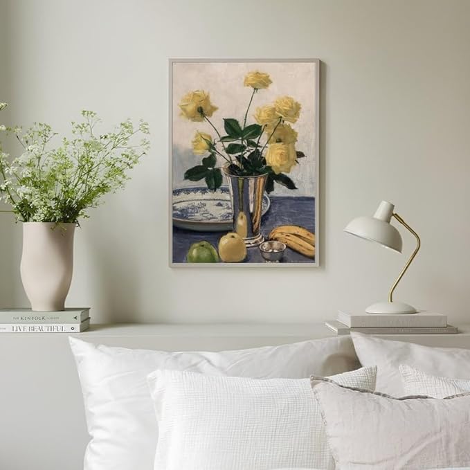 Nationcog Yellow Rose Still Life Wall Art Print - Vintage Floral and Fruit Painting in Vase - Classic Botanical Artwork for Kitchen, Dining Room, Living Room or Gallery Decor (Unframed) (16x24)