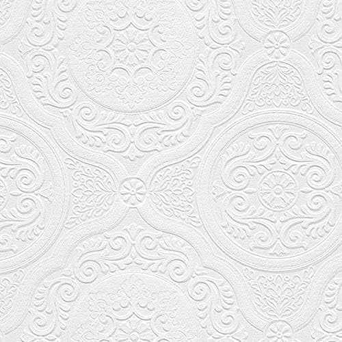 Manhattan Comfort Carter Series Vinyl Textured Paintable Floral Scroll Boarded Square Design Large Wallpaper Roll, 21" W x 33'L, White