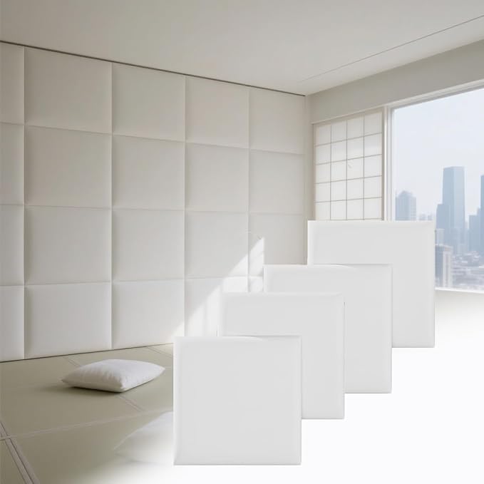Antenat Peel and Stick Headboard, Self-Adhesive Headboard Panels for Wall, 3D Anti-Collision Wall Padding for Kids, Upholstered Wall Panels for Bedroom/Living Room, 4 Pack(White) 13.7"x13.7" Panels