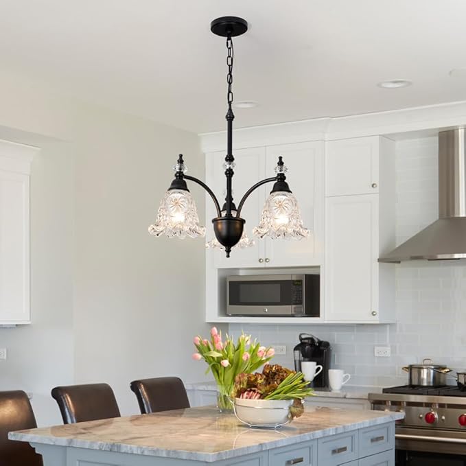Black Dining Room Light Fixtures Over Table, Vintage 3 Light Glass Chandelier, Farmhouse Glass Chandelier Lighting for Kitchen Table, Dinning, Foyer, Bathroom, Living Room, Bedroom