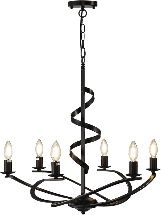 Black Chandelier, 6-Light Farmhouse Chandeliers for Dining Room, Rustic Kitchen Island Lighting, Modern Chandelier for Living Room, Hanging Pendant Lights for Bedroom, Foyer, Staircase, Entry