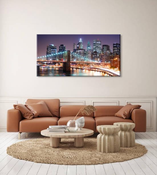 NAN Wind 1PCS New York City Skyline Canvas Wall Art Brooklyn Bridge at Sunset Golden Hour Manhattan Cityscape Pictures Canvas Artwork East River Reflection Modern Urban Home Decor Living Room Office