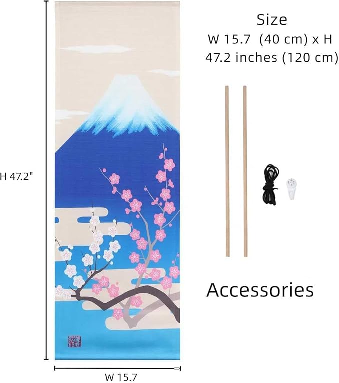 Japanese Tapestry Wall Art Scroll Feng Shui & Lucky Symbols | W15.7xH47.2", Extra Long Vertical Hanging Decor for Bedroom, Living Room, Office Zen Design Mount Fuji and cherry blossoms CTT-15