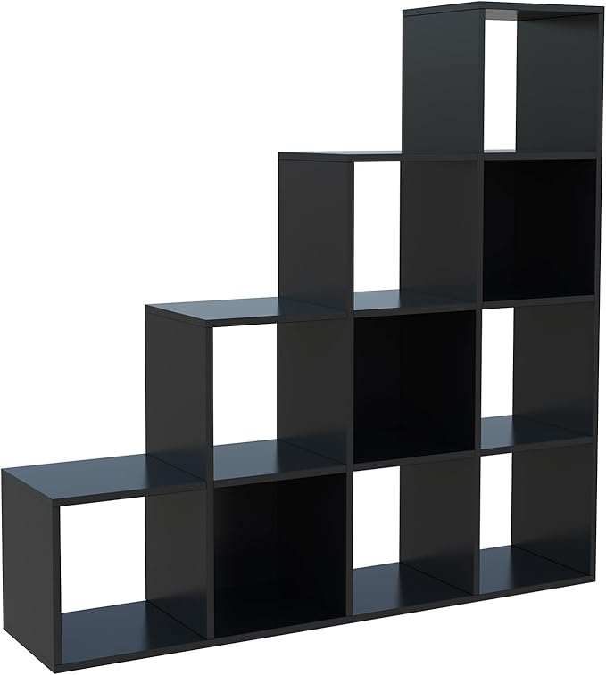 Ladder Cube Storage Bookcase - Wooden L-Shaped 4-Tier Corner Shelf, Reversible 10-Cube Organizer for Home & Office, Black