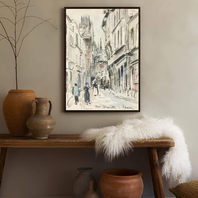 Nationcog Vintage European Street Scene Wall Art Print, Black and White French Architecture Poster, Paris Cityscape Drawing, Historical Urban Decor for Living Room or Office (Unframed) (9x11)