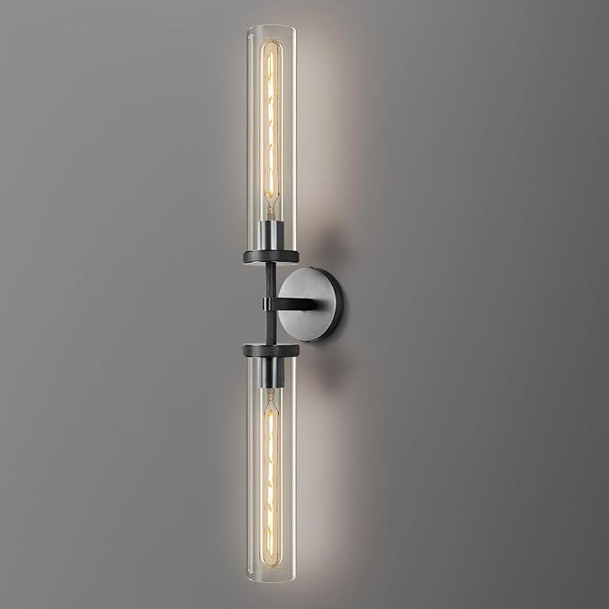 Black Wall Sconce, 30" Modern Knurled Wall Lighting with 2 Clear Glass Tubes, Double Vanity Light Fixture, Bathroom Wall Lamp, Bedroom, Living Room, Hallway Lighting, Hardwired (Including Bulb)