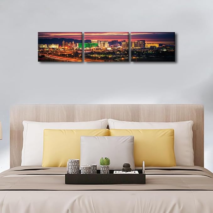 Black and White Wall Pictures for Living Room Las Vegas Skyline Painting on Canvas Wall Decor Art Nevada Cityscape Building Panorama Bedroom Wall Art Modern Artwork Framed Ready to Hang 12x48 Inch