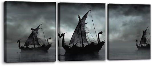 Pacimo Black and White Painting Wall Decor Vikings Ship Artwork Fantasy Sailing Boat Pictures for Living Room 3 Panel Dragon Modern Canvas Wall Art Framed Posters Prints Ready to Hang - 12" x 16" x 3