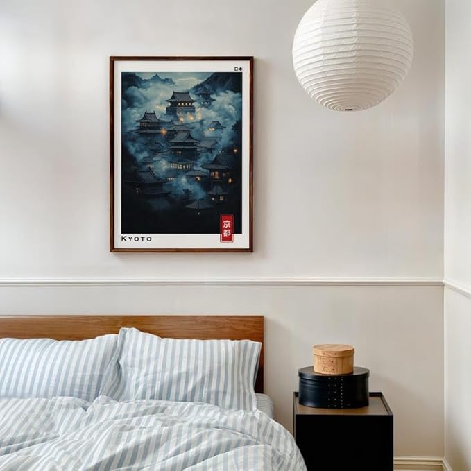 Kyoto Mystic Village Poster, Japanese Temple Wall Art Print with Night Landscape, Japandi Asian Artwork, Traditional Home Decor for Bedroom, Gallery or Living Room (Unframed) (24x36)