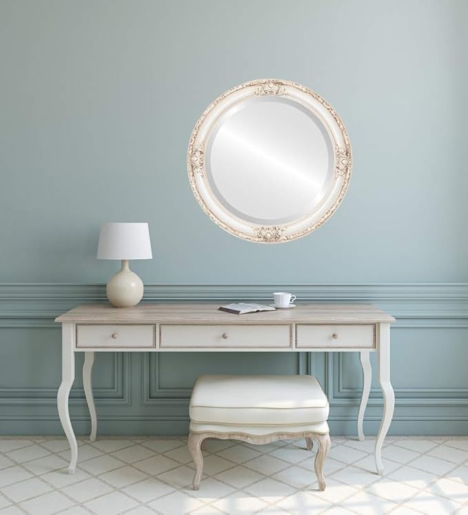 OVALCREST Round Beveled Wall Mirror for Home Decor - Jefferson Style - Antique White - 16x16 Outside Dimensions