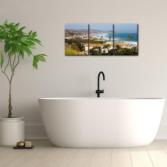 Pacimo Canvas Wall Art for Living Room - Malibu Cityscape Pictures Painting Prints California City Skyline Modern Artwork for Home Office Wall Decor Stretch Framed Ready to Hang - 12"x16"x3 Panels