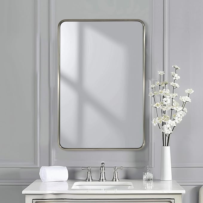 ANDY STAR Brushed Nickel Bathroom Mirror, 24x36’’ Rounded Rectangle Mirror Modern Silver Vanity Mirror SUS304 Metal Tube Frame(Rustproof) 1’’ Deep Wall Mounted Vertically/Horizontally