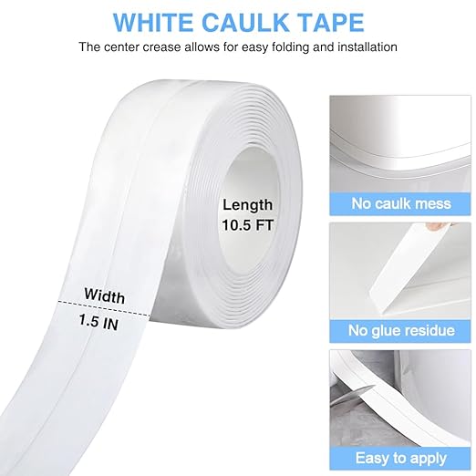 2 Rolls Caulk Tape Self Adhesive, Bathroom Waterproof White Caulking Sealant Strip Peel & Stick Wallpaper Floor Tile Toilet Tub Sink Backsplash Kitchen Wall Decor, Easier to Use Than Silicone Caulk