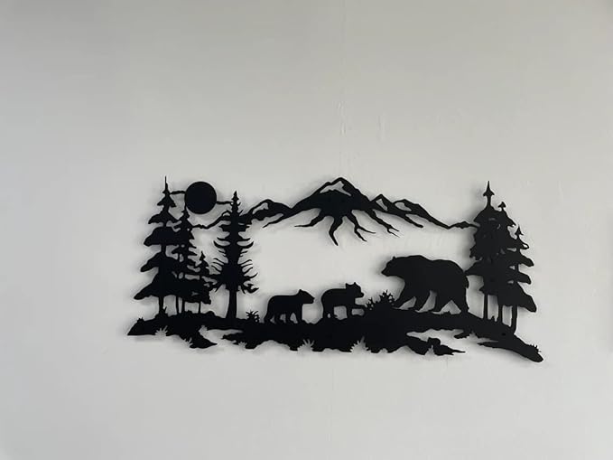 Metal Wall Art, Metal Bear Family Art, Tree Mountain Decoration, Nature Wall Decor, Wildlife Lover Gift, Wall Hangings (24"W x 10"H / 60x26cm)