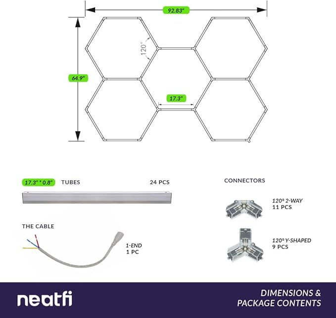 Neatfi LED Hexagon Garage Lights with 14,763 Lumens, 3 Light Modes (6900K/4300K/3000K), 133W Hexagon LED Lights for Car Detailing, Barber Shops, Basements, Beauty Salons & Gyms (5 Hex Grids, CCT)