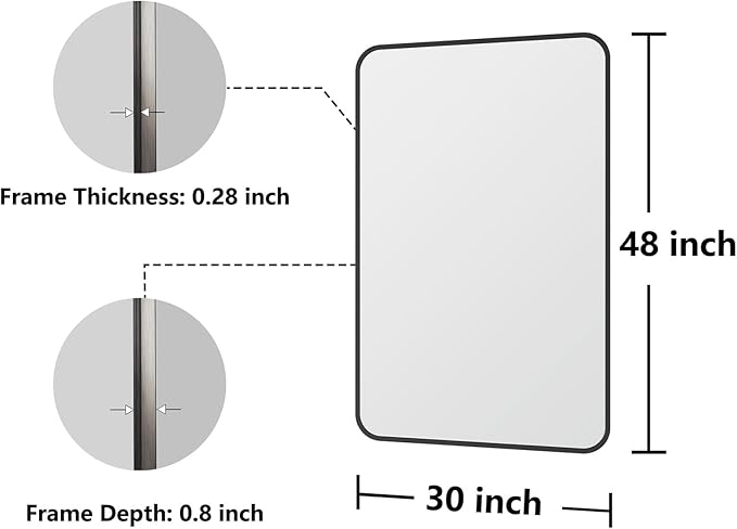 Bathroom Mirror, 30X48 Inch Black Metal Framed Mirror for Bathroom, Tempered Glass, Anti-Rust, Rounded Rectangle Mirror for Restroom, Bedroom, Black