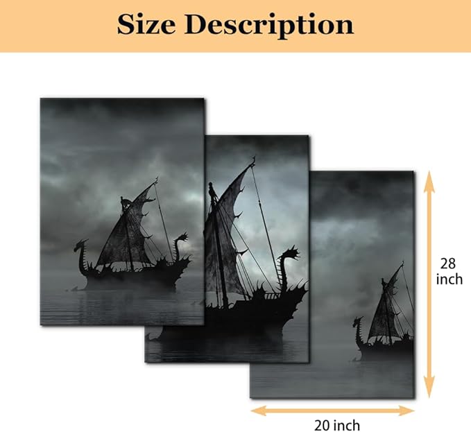 Pacimo Black and White Painting Wall Decor Vikings Ship Artwork Fantasy Sailing Boat Pictures for Living Room 3 Panel Dragon Modern Canvas Wall Art Framed Posters Prints Ready to Hang - 20"x28"x3