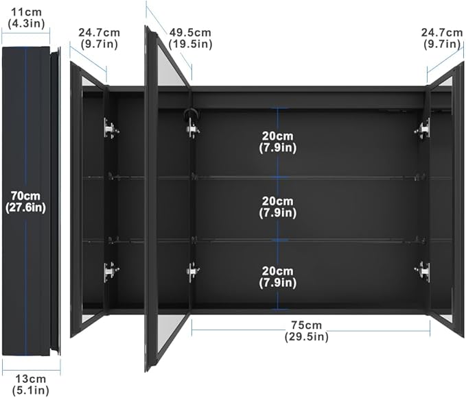 KWW LED Lighted Bathroom Medicine Cabinet with Sockets & USBs, Defogger, Dimmable, 3 Color Light Makeup Mirror, Easy to Install, Wall Mounted Cabinet (Three-Door, 40 * 28)