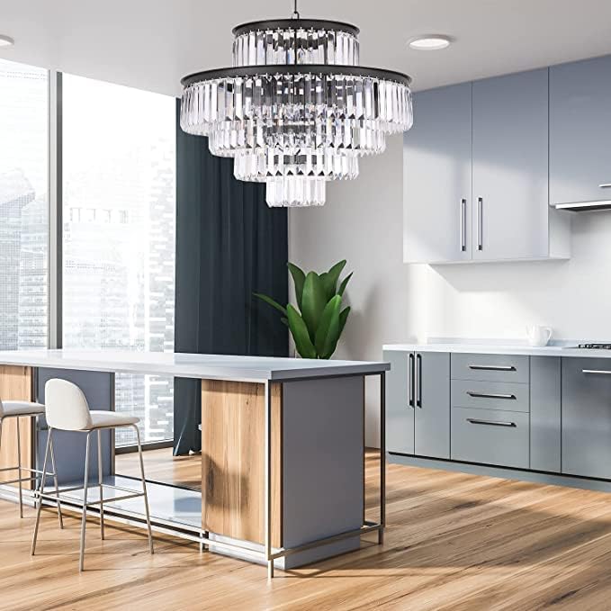 Black Modern Style Crystal Chandeliers & LightsRound Hanging Classic, Pendant Ceiling Chandelier Lighting Fixture 5-Tier for Dining Room Living Room(24 inch,Black)