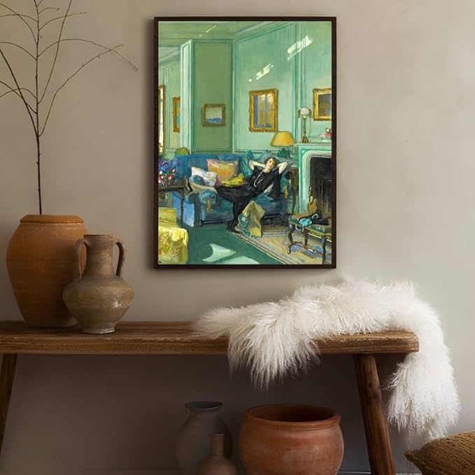 Nationcog Vintage Woman Relaxing in Living Room Wall Art, Elegant Interior Scene Painting Print, Cozy Green Room Aesthetic Poster, Classic Home Decor for Living Room or Study (Unframed) (16x24)