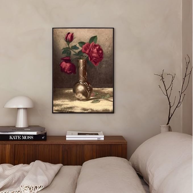 Nationcog Vintage Rose Wall Art Print - Red Roses in Vase Floral Artwork - Classic Still Life Flower Painting for Living Room, Bedroom, Cafe, Home Wall Decoration (Unframed) (24x36)