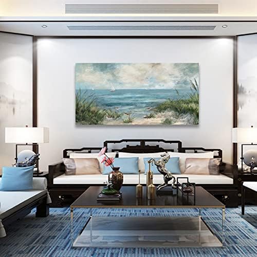 arteWOODS Sea Beach Canvas Wall Art Vintage Seascape Pictures Wall Decor Ocean Sailboat Seagull Prints Beach Bird Reed Painting Artwork for Living Room Bedroom Office Decoration 29" X 58"