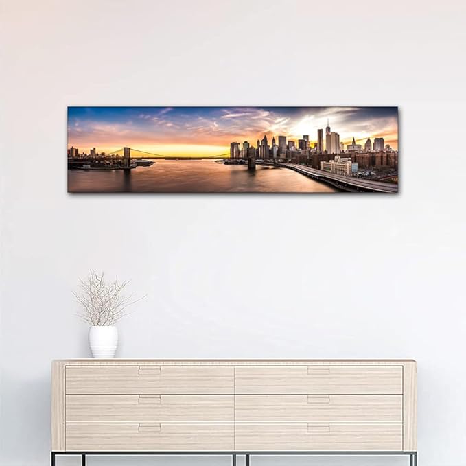 New York Cityscape Wall Art Painting on Canvas Brooklyn Bridge Panorama at Sunset Bedroom Wall Art Modern Home Decor House Decorations for Living Room Bathroom Pictures Framed Ready to Hang 12x46 Inch