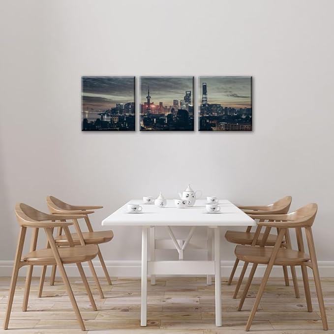 NAN Wind 3Pcs Modern Shanghai Skyline Canvas Wall Art Dusk City Panorama Print Oriental Pearl Tower Night Scene Artwork Living Room Office Decor Black Grey Gold Urban Photography Print on Canvas Decor