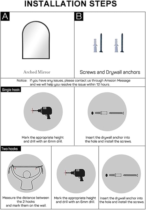 Arched Wall Mounted Mirror, 42"x24", Arch Black Mirror for Bathroom Vanity, Living Room or Bedroom, Entryway, Hallway Wall Mirror, Farmhouse Decorative Mirror for Hanging, Black, Iron Frame