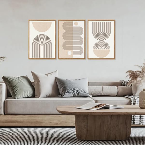 CHDITB Boho Framed Canvas Wall Art Set, Beige Bohemian Line Wall Decor, Mid-Century Modern Wall Painting, Abstract Neutral Geometric Art Print for Living Room, Bedroom, Office - 16"x24"x3