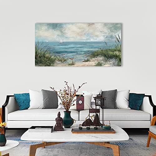 arteWOODS Sea Beach Canvas Wall Art Vintage Seascape Pictures Wall Decor Ocean Sailboat Seagull Prints Beach Bird Reed Painting Artwork for Living Room Bedroom Office Decoration 29" X 58"