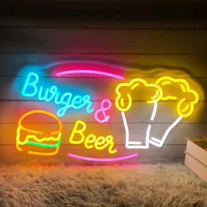 Burger & Beer Neon Sign, Custom Hamburger Snack Bar LED Neon Night Home Wall Decor Fast Food Coffee Shop Restaurant Pub Business Decoration Size:20x13inches