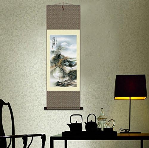 AtfArt Asian Wall Decor - Beautiful Silk Scroll Painting of Waterfall River Landscape - Oriental Decor Chinese Art Wall Scroll (36.2 x 12 in)