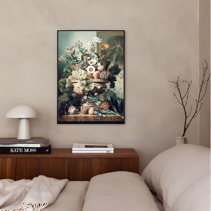 Nationcog Vintage Floral Still Life Wall Art Print - Classical Fruit and Flower Painting in Vase - Elegant Botanical Artwork for Kitchen, Dining Room, Hallway or Gallery Decor (Unframed) (9x11)