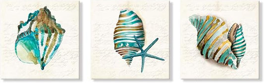 JAPO ART - Sea Lift Picture Abstract Artwork Aquarelle Color Blue Shells Gold Foil Painting Print on Canvas 20x20Inchx3 pcs
